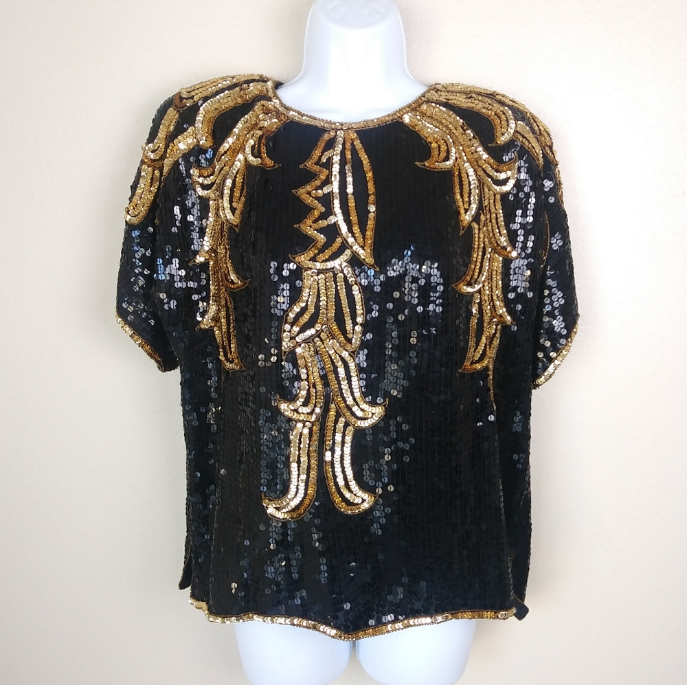 Nina Couture Vintage Silk Sequin Top Womans Size L